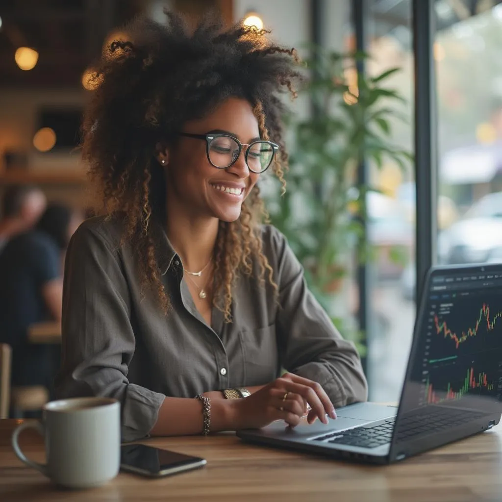 Laura Gómez trabajando en su laptop con gráficos financieros